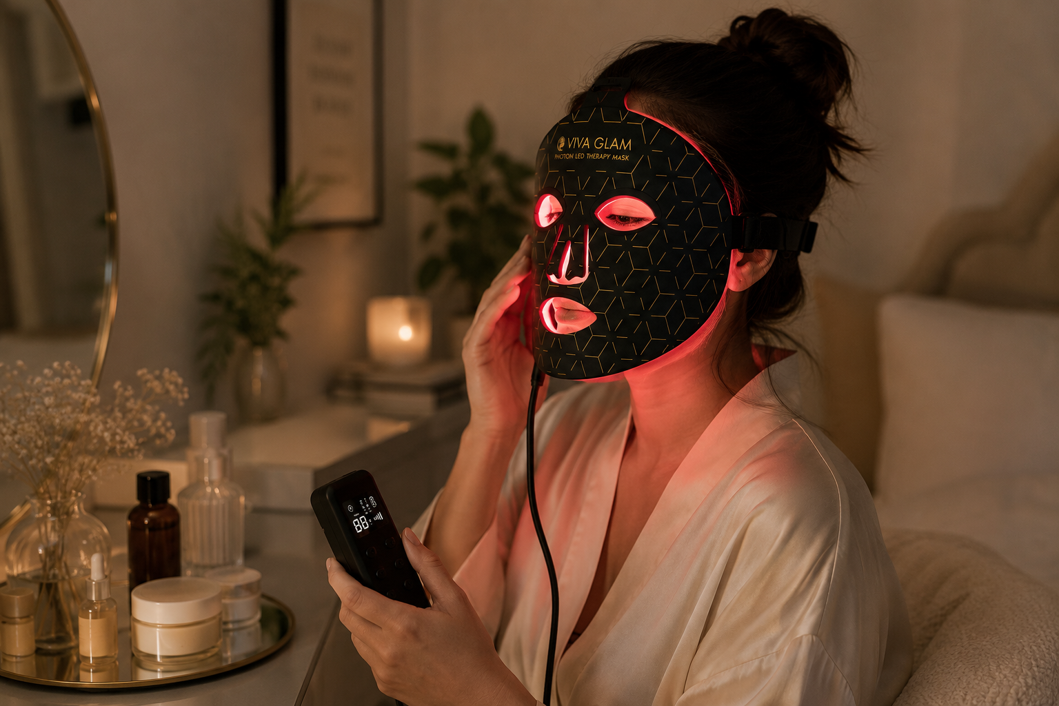 A young woman doing her LED therapy night routine in front of a mirror